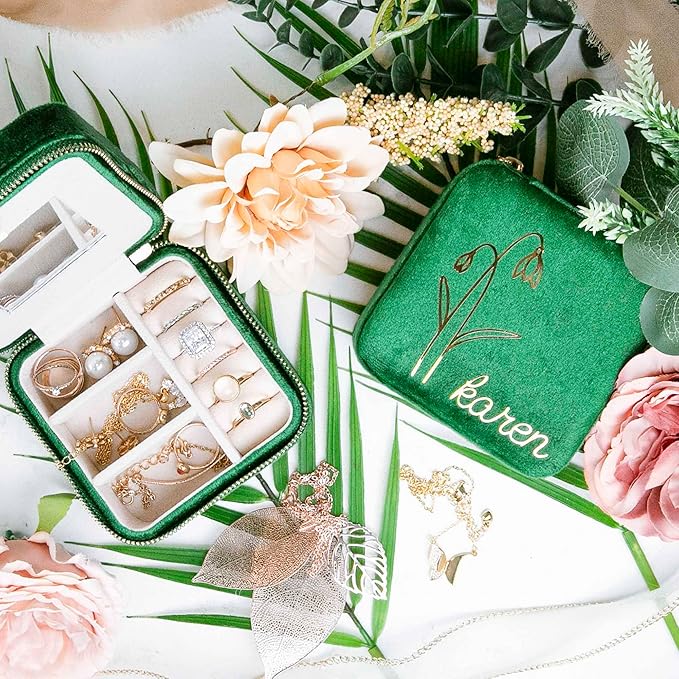 Customizable Compact Velvet Jewelry Box with Mirror, Travel Jewelry Case, Travel Jewelry Organizer, Jewelry Box for Women and Girls, Small Jewelry Organizer (Flower Design, Emerald Green)