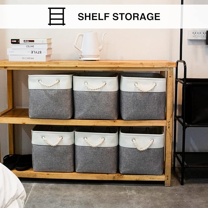 Oterri 6 Pack Cube Storage Bins, Foldable Storage Cubes, 11x11 Inch Fabric Cubes Storage Basket, Decorative Storage Basket for Home, Shelves, Nursery Organizers(Grey/White)