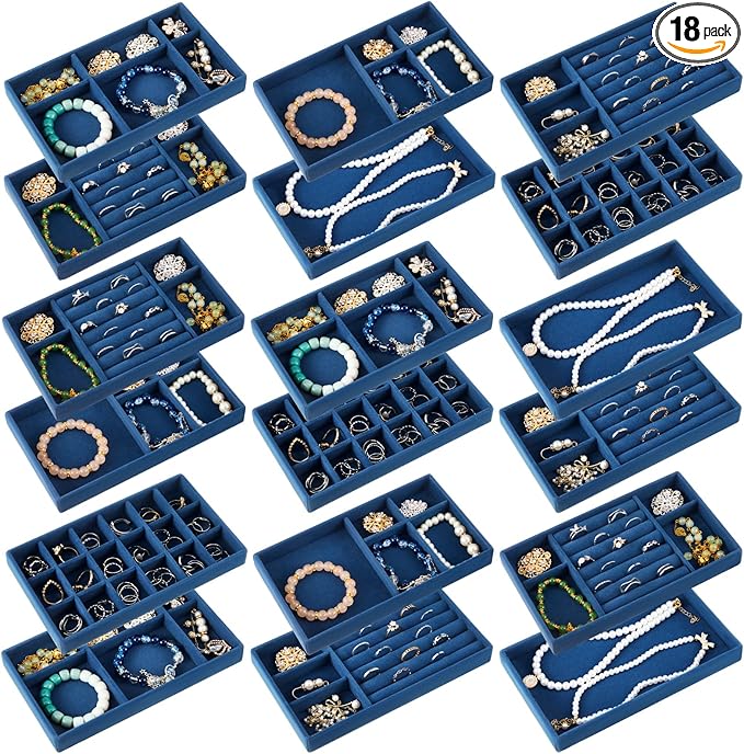 Junkin 18 Pcs Velvet Jewelry Tray Stackable Jewelry Drawer Organizer Jewellery Box Divided Display Tray for Earring Bangle(Peacock Blue)