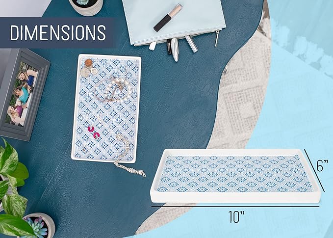 NAT & Jules 10 x 6 Ceramic Stoneware Vanity Tray - Perfect Bathroom or Kitchen Counter Organization Décor: Sponge Holder, Soap Dish, Jewelry and Perfume Tray, Patterned Blue