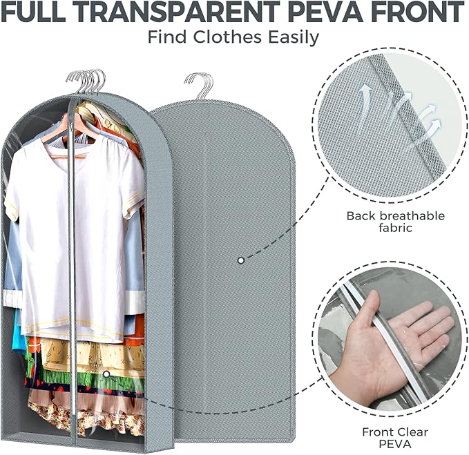 6 pcs 40" Garment Bags for Hanging Clothes, Clear Suit Bags for Closet Storage Clothing Storage, Garment Bags for Travel Covers with 4" Gussets for Coats, Jackets, Shirts and Sweater