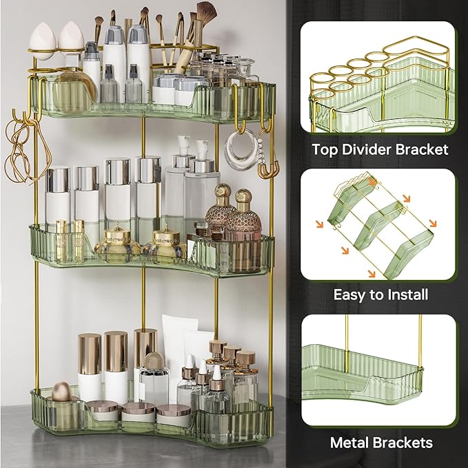 3-Tier Corner Bathroom Counter Organizer，Makeup & Skincare Shelf with Built-in Brush Holder，Space-Saving Bathroom Countertop Organizer for Skincare, Perfume, Cosmetics(Green)