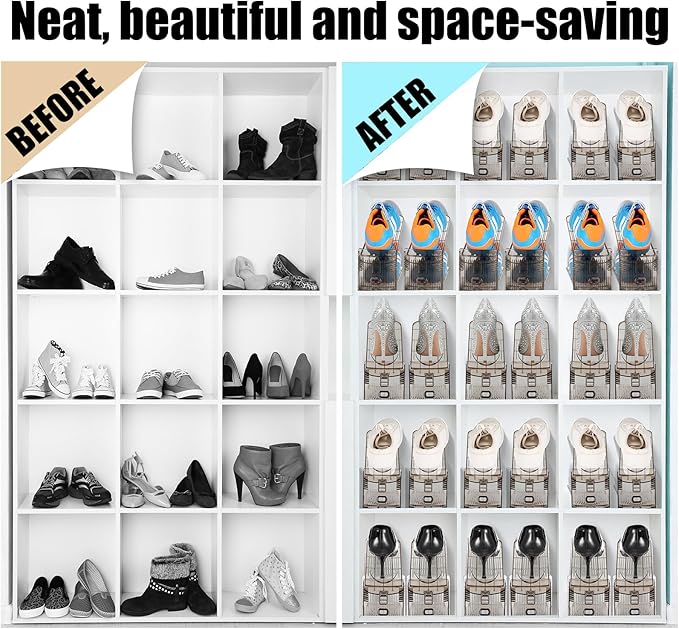 Clear Shoe Slots Organizer with Adjustable Height, Acrylic Closet Stacker Display, Storage Shoe Rack Organizer, Double Layer Holders for Shelf Wardrobe Space Saving (Gray,60 Pack)