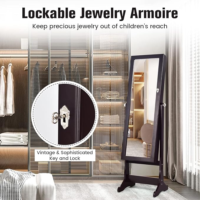 COSTWAY Standing Mirror Jewelry Cabinet, Large Storage Jewelry Organizer w/Full Length Mirror, 4 Adjustable Angles & 2 LED Lights, Lockable Jewelry Armoire for Women Girls, Brown