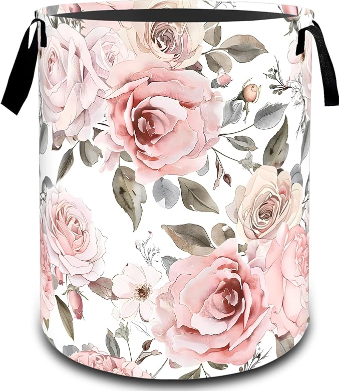 Elegant Rose Pink Floral Laundry Basket, Dirty Collapsible Clothes Toy Organizer Hamper for Kids Adults, Oxford Cloth Waterproof Storage Bin for Bedroom Bathroom Home Decor Gifts, 19.7"X15.7"
