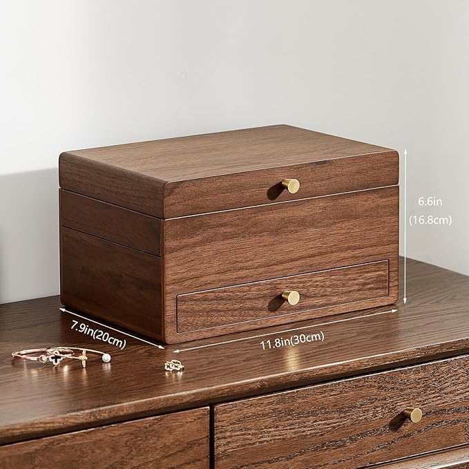 Wooden Jewelry Box for Women, 3 Level Multi-functional Drawers Black Walnut Jewelry Organizer Box, Watch, Necklace, Ring, Earring Storage - Valentine's Day Gifts (No Mirror)