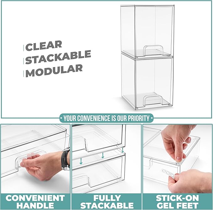 Sorbus Stackable Acrylic Storage Drawers, 2 Pack Clear Plastic Organizer Bins for Baby Bottles, Makeup, Bathroom, Vanity & Kitchen Countertop Organization, Pull-Out Drawer Design for Cabinets & Pantry