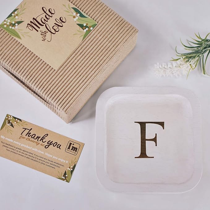 I'm Wooden Personalized Letter Catchall Valet Tray Trinket Dish Jewelry Tray Key Bowl Decorative Plate Organizing Ring Earrings Necklaces Bracelet Watch Coins Wallet Holder (6"x6" Sq White F)