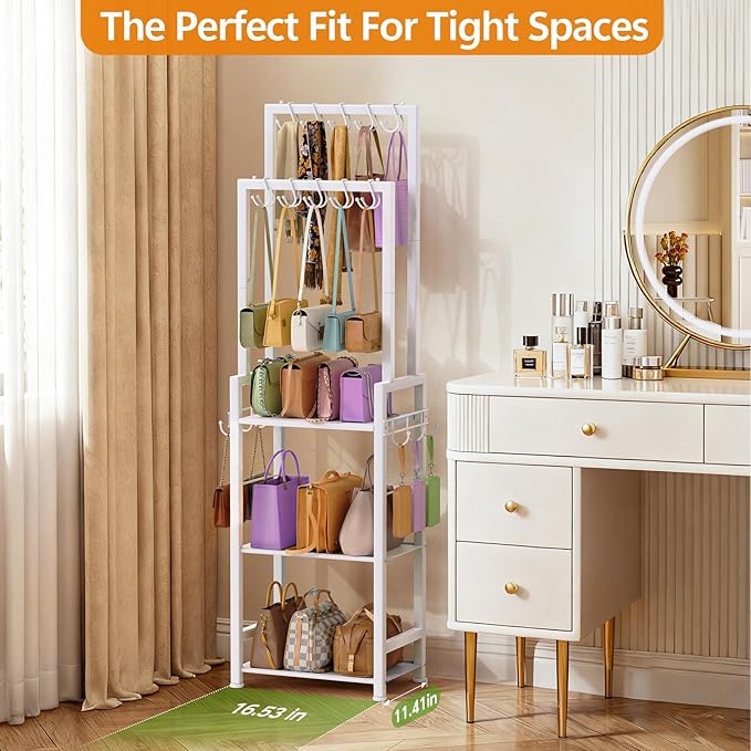 Tall Purse Organizer for Closet with 10 Purse Hanger & 6 Side Hooks,Floor-Standing Purse Rack Stand for Purse Storage,Narrow & High-Capacity Handbag Organizer,Multi-Purpose Purse Shelf for Small Place