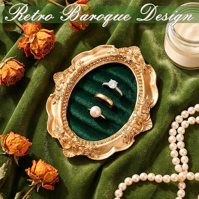 Vintage Ring Holder Round Green Mat Ring Wedding Display Suede Jewelry Box Stand Frame Earring Tray Anniversary Engagement Baroque Organizer Photograph Prop for Women Birthday Gifts