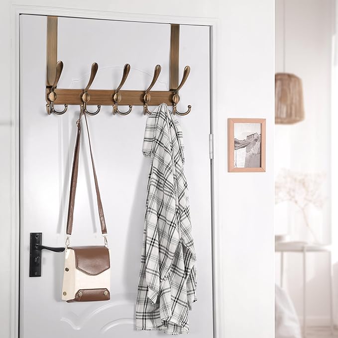 Dseap Over The Door Hook Hanger - Fits 1 3/8" to 1 3/4" Standard Doors | 5 Tri Hooks Heavy Duty Towel/Coat Rack | Door Organizer for Clothes, Jackets, Hats, Towels, Antique Copper, Pack of 2