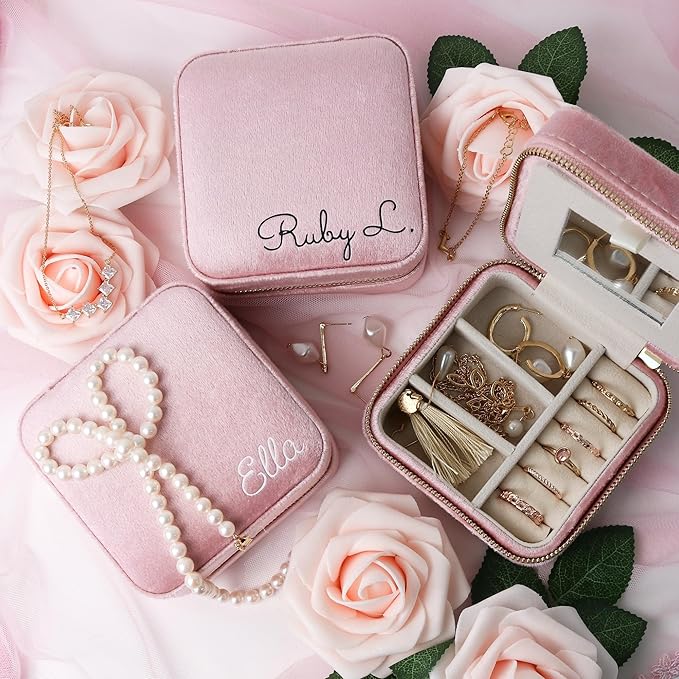 Customizable Compact Velvet Jewelry Box with Mirror, Travel Jewelry Case, Travel Jewelry Organizer, Jewelry Box for Women and Girls, Small Jewelry Organizer (Bottom Right Text, Powder Pink)