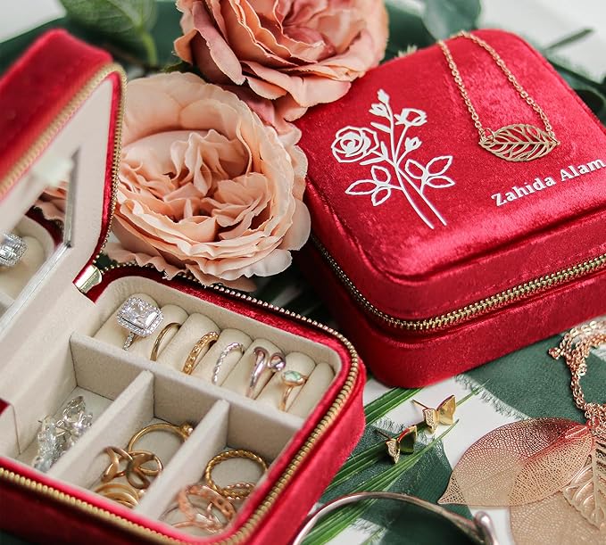 Customizable Compact Velvet Jewelry Box with Mirror, Travel Jewelry Case, Travel Jewelry Organizer, Jewelry Box for Women and Girls, Small Jewelry Organizer (Flower Design, Wine Red)