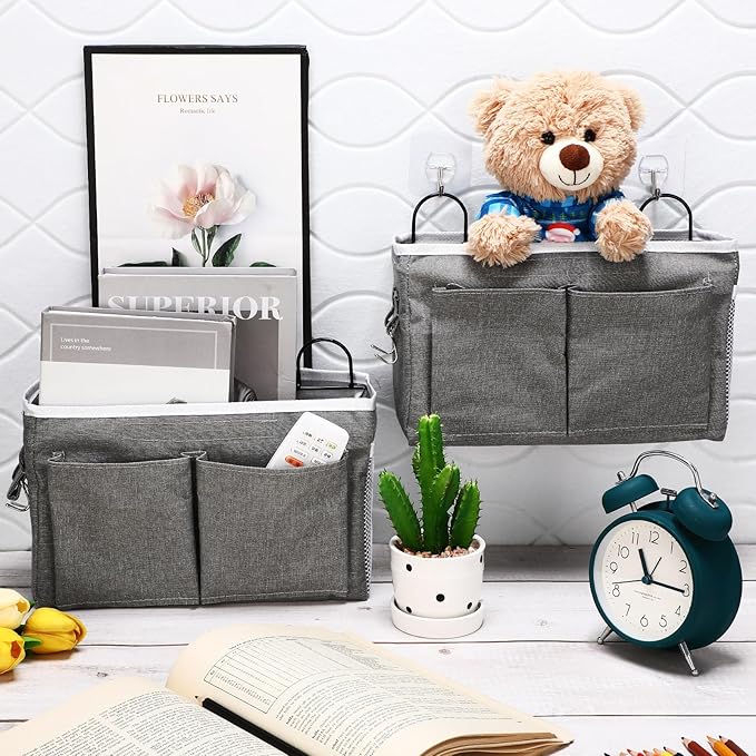 Berlune 6 Pcs Wall Hanging Storage Bag Wall Organizer Bag with Pockets and Hooks Linen Cotton Closet Hanging Organizer Basket for Bedroom Bathroom Dormitory, 11.4 x 7.5 x 4''(Pure)