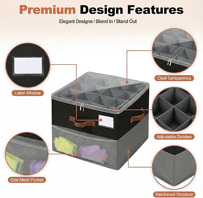 Shoe Organizer for Closet, Fabric Shoe Storage Boxes with Lids, Adjustable Dividers for 16 Pairs, Foldable Shoe Cubby with Mesh Storage & Label Window, Fits Tall Boots, Black & Grey