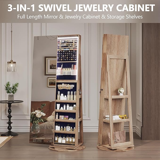 LVSOMT 360° Rotating Full Length Mirror Jewelry Cabinet with Sliding Door, LED Lighted Lockable Jewelry Armoire Organizer, Space-Saving Standing Mirror Storage for Bedroom Dressing Room (Light Wood)