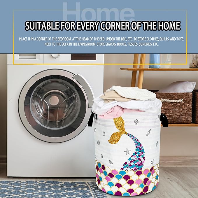 Mermaid Scales Tail Laundry Basket Foldable Oxford Cloth Funny Tote Bag Laundry Hamper Clothes Storage Bucket Toy Organizer For Bathroom/Laundry Storage/Bedroom 18.9x16.5 Inch
