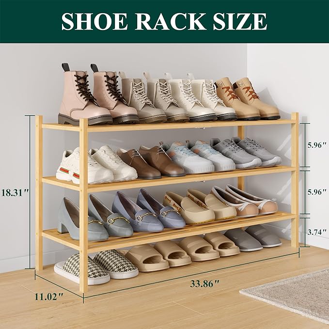 Smiry Long Bamboo Shoe Rack 3-Tier, Stackable Wooden Shoe Organizer for Entryway & Closet, Free Standing Wood Shoe Storage Shelf for Front Door & Small Spaces, Natural