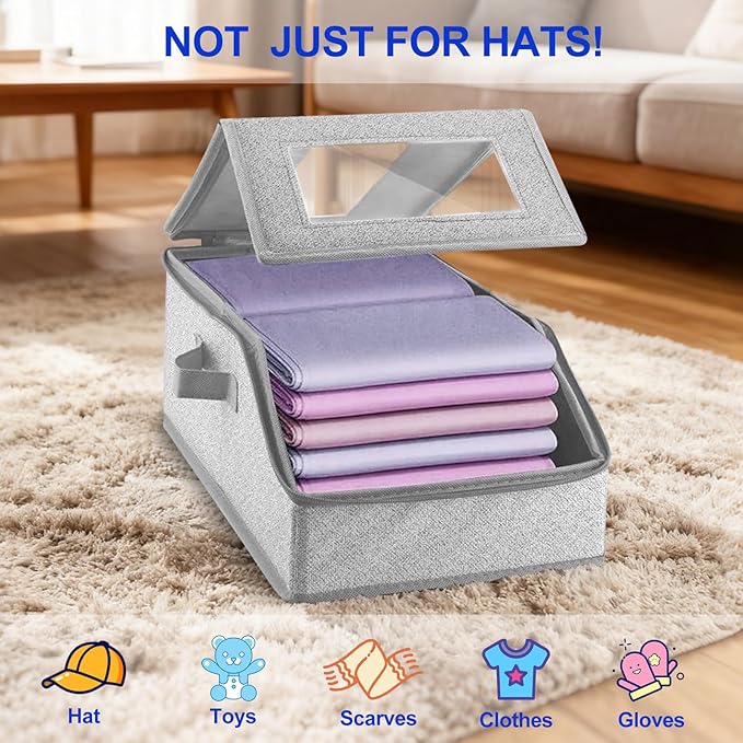 Hat Organizer for Baseball Caps,2PCS Stackable Hat Storage Box with Clear Window Lid, Space-Saving Box for Closet