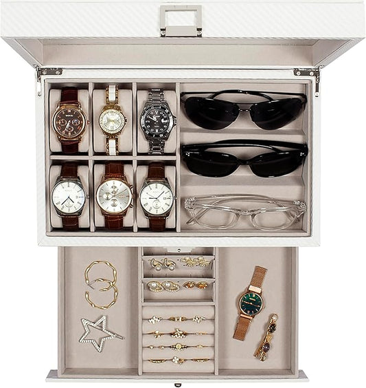 GUKA Watch box, 6 Slot Watch Case, 3 Slot Sunglass Organizer, Watch Cases for men with Real Glass Lid, Watch Organizer storage with Jewelry Case, Birthday for Men and Women,