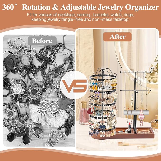 KALYLOC Jewelry Earring Holder Organizer, Adjustable 5 Tiers Rotating Earring Holder 3 Tier Necklace Holder with Wooden Base, Multi-Functional Jewelry Organizer Display Stand for Studs Bracelet Women