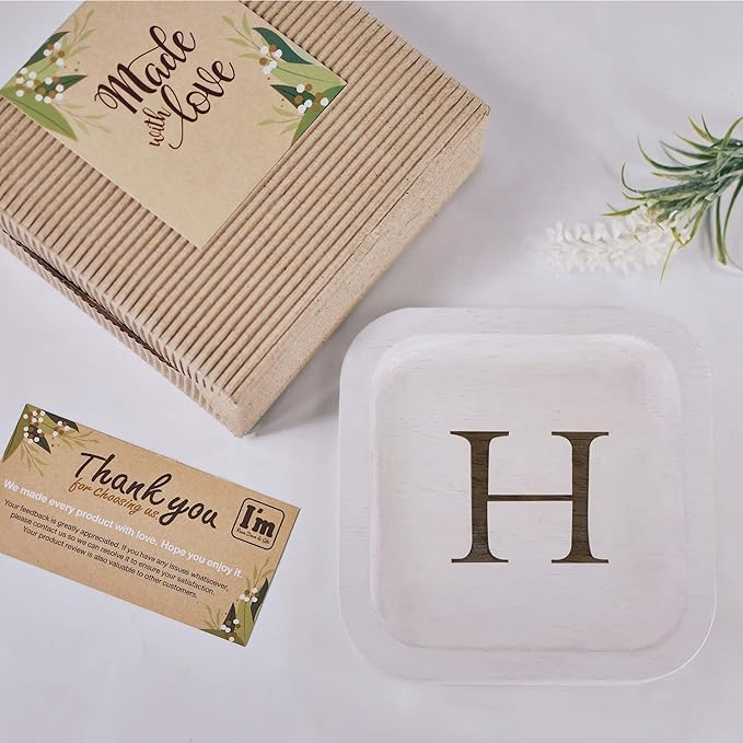 I'm Wooden Personalized Letter Catchall Valet Tray Trinket Dish Jewelry Tray Key Bowl Decorative Plate Organizing Ring Earrings Necklaces Bracelet Watch Coins Wallet Holder (6"x6" Sq White H)