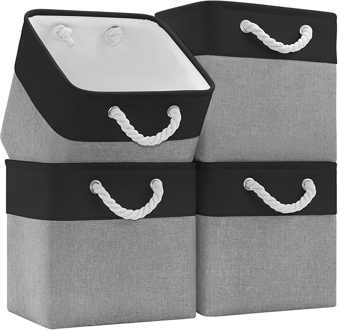 11 Inch Storage Cubes 4-Pack, Foldable Fabric Organizer Bins with Rope Handles, Cube Storage Baskets for Closet Shelves and Home Organization(Dark/Gray)