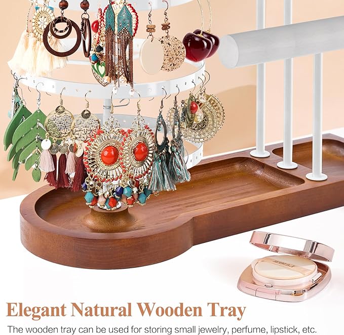 KALYLOC Jewelry Earring Holder Organizer, Adjustable 5 Tiers Rotating Earring Holder 3 Tier Necklace Holder with Wooden Base, Multi-Functional Jewelry Organizer Display Stand for Studs Bracelet Women