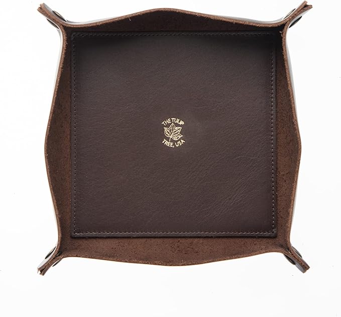 USA Handmade Premium Leather Valet Tray, Folds Flat! Dice Rolling Basket and Organizer with Brass Snaps (Dark Walnut Brown, Large)