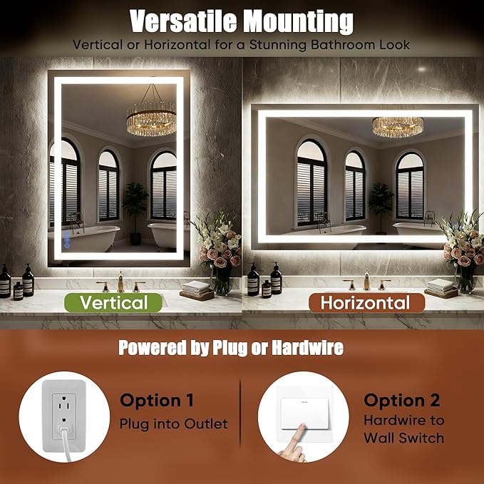 LED Bathroom Mirror with Lights 24"x32", Wall-Mounted Vanity Mirrors Front & Backlit Separate Light Control Stepless Dimmable Anti-Fog Memory 3 Color Temperatures Shatter-Proof Tempered Glass