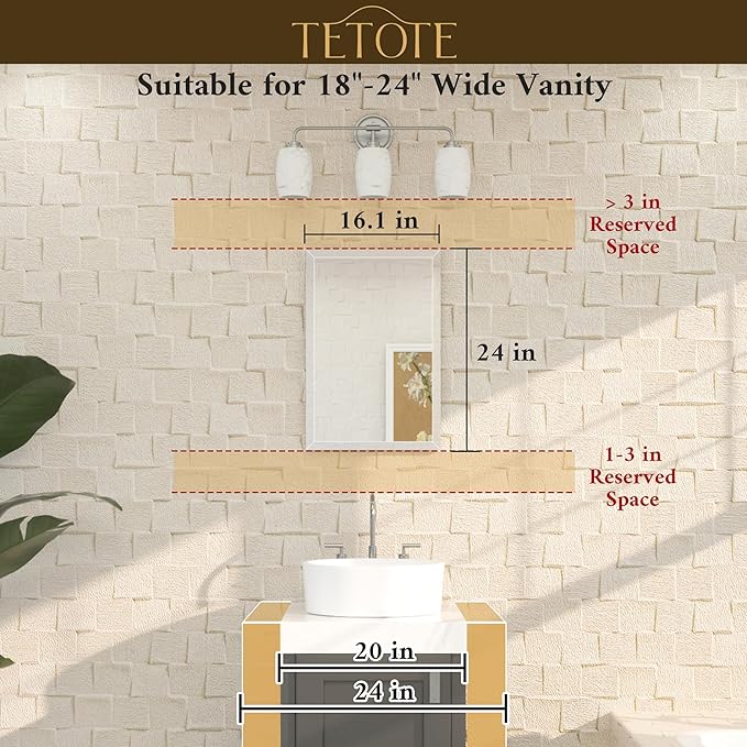 TETOTE 16" x 24" Frameless Beveled Bathroom Mirror Tempered Rectangle Wall Mirror with Beveled Edge for Bathroom, Vanity