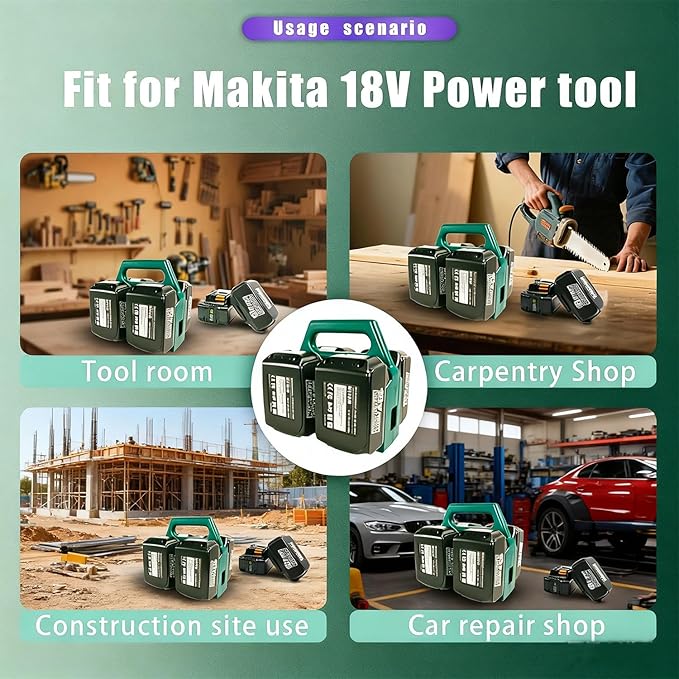 4-Slot Battery Carrying Holder for Makita 18V & 14.4V, Batteries Tool Case Storage Organizer Rack for Makita, Portable and Rugged Battery Caddy with Handle for Jobsite and Mount Bag Use