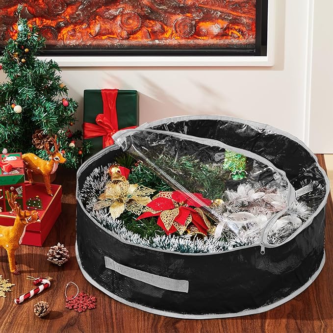 4 Pcs Christmas Wreath Storage Bag, Christmas Garland Storage Container with Clear Window, Zipper & Handle for Xmas Holiday Seasonal Wreath Garland Box(Black,36")