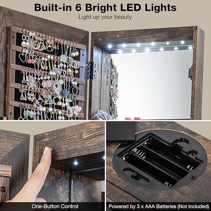 CHARMAID 360° Swivel Jewelry Cabinet Armoire 64.5" H, Full Length Mirror with Jewelry Storage, 6 LEDs Lockable Jewelry Organizer, Rear Storage Shelves, Large Drawer, Hairdryer Holder (Rustic Brown)