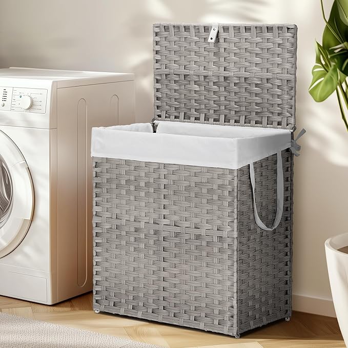 110L Laundry Hamper with Lid, Hand-Woven Pp Rattan Laundry Basket with Compartments & Handles, Removable Liner Bags,Foldable, Narrow Dirty Clothes Basket, Grey
