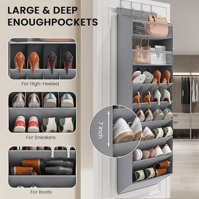8 Tier Clear Over the Door Shoe Organizer with Deep Pockets, Door Shoes Rack with hard Cardboard and Tubes to Keep the Shape, Hanging Shoe Rack for Closet Organizers, Shoe Holder Grey