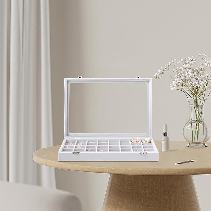 Frebeauty 40 Grid Jewelry Tray,Adjustable Earring Holder Organizer with Glass Lid,Velvet Drawer Jewelry Organizer for Rings,Studs,13.8 x 9.5 x 2 Inches Jewelry Display Box,Gift for Women(White)