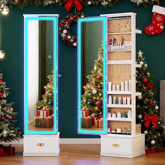 HNEBC LED Jewelry Cabinet Standing, Full Length Mirror with Storage/3 Color Adjustable LIghts, Jewelry Armoire has 3 Photo Frames/4 Shelfs/1 Drawer,Space-Saving Organizer,Christmas Gifts for Women