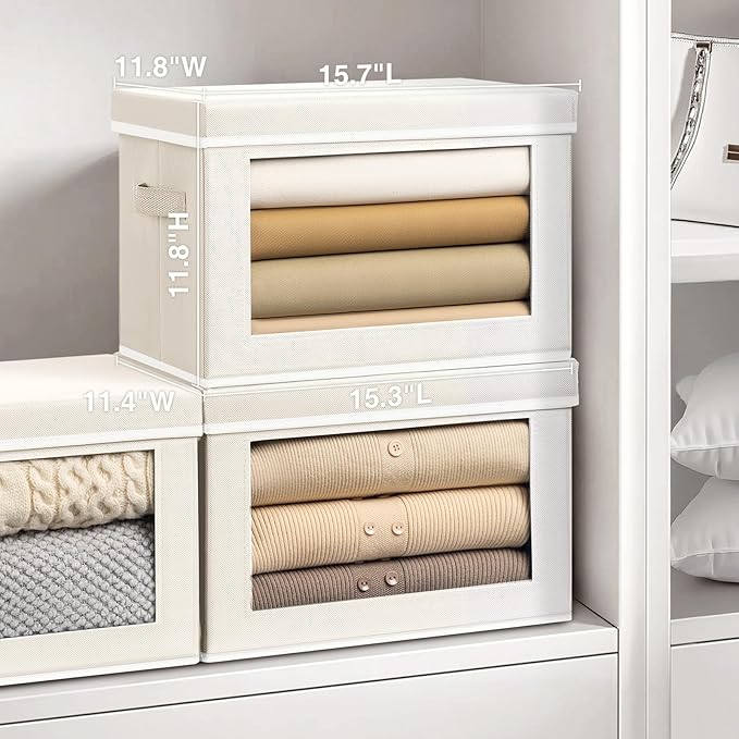 Large Storage Bins with Lids - Fabric Storage Cubes with Window, Collapsible Bins for Clothes, 15.7 Inch Large Baskets for Bedroom, Dorm, Office, Beige, 6 Pack