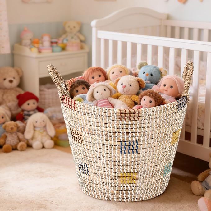 3 Pack Seagrass Storage Baskets for Organizing, Large Storage Bin with Handles, Woven Blanket Basket, Living Room Bedroom Laundry Room Home Decor for Toys Clothes Shoes Plant