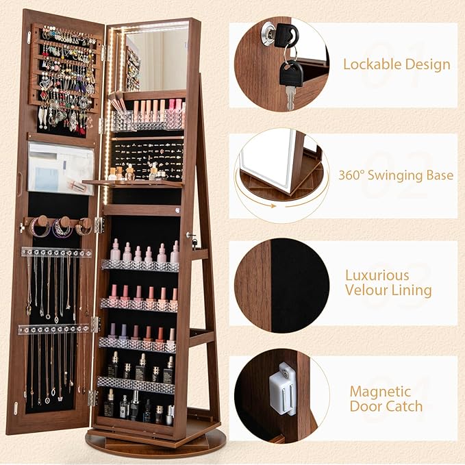 GOFLAME 360° Swivel Jewelry Cabinet Armoire with Full Length Mirror, Standing Jewelry Storage Organizer with Rear Storage Shelves, 3-Color LED Lights, Foldable Shelf, Interior Mirror, Walnut