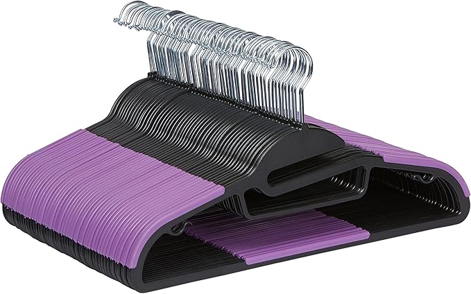 Amazon Basics Rubber Coated Plastic Hangers - Black/Purple, Pack of 50