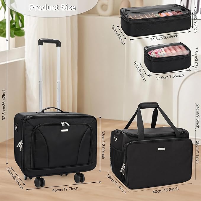 MONSTINA Rolling Train Case with Wheels, Extra Large Makeup Bag with 4 Bags Professional Hairdressing Bag Hairstylist Travel Bag Cosmetology Case on Wheels for Makeup Artist Hairstylist