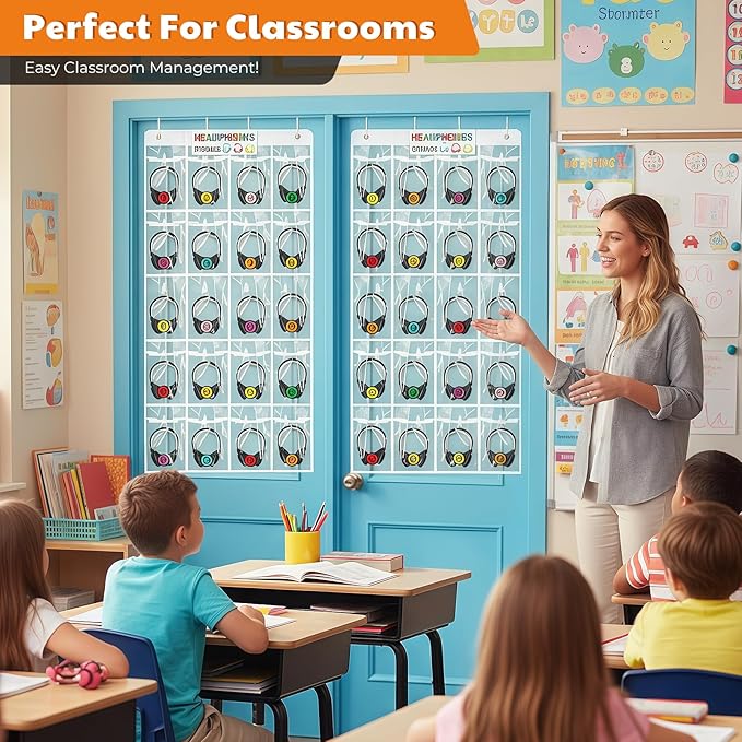 Classroom Headphone Storage Organizer with 20 Pockets, PVC Clear Headphone Holder for Classroom Storage Office School Teaching Aids Storage Home Over-the-Door Hanging Bag with 51 Labels (1pcs)