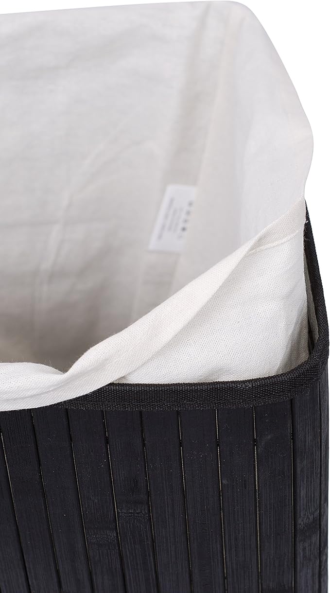 BirdRock Home Corner Laundry Hamper with Lid and Cloth Liner - Bamboo - Black - Easily Transport Laundry Basket - Collapsible Hamper - String Handles