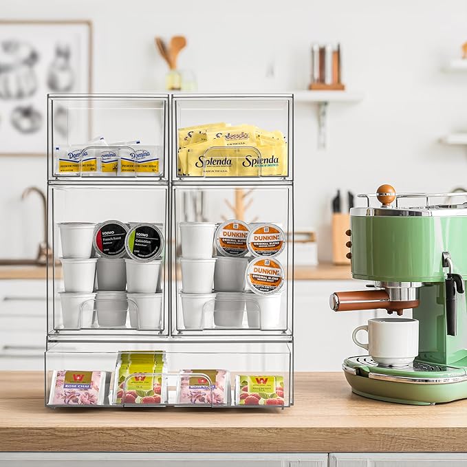 Sorbus Stackable Acrylic Storage Drawers – 4 Small + 2 Wide – 6 Pack Clear Plastic Organizer Bins for Baby Bottles, Makeup, Bathroom & Vanity, Pull-Out Drawer Design for Kitchen Cabinets