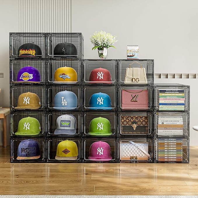 Hat Organizer Box for Baseball Caps, 8 Pack Clear Plastic Hat Storage Box Display Case with Magnetic Door, Caps Holder Rack for Closet, Snapback Organizer, Hold 8 Cap Each