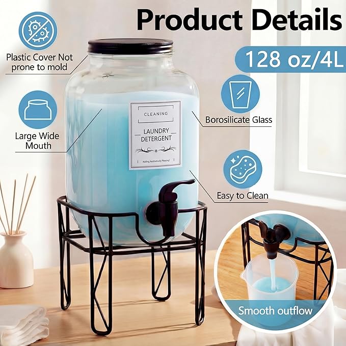 2 Pack 128 oz/ 3.8L Glass Laundry Detergent Dispenser, Liquid Soap Dispenser with Stand, Measuring Cups and Labels, Fabric Softener, Liquid Bleach Container for Laundry Room Organization