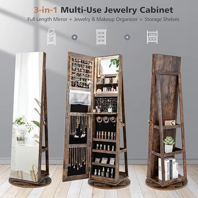 CHARMAID 360° Swivel Jewelry Armoire with Full Length Mirror, Rear Storage Shelves, Lockable Standing Jewelry Cabinet Organizer with Interior Vanity Mirror and 3-Color Lights (Rustic Brown)