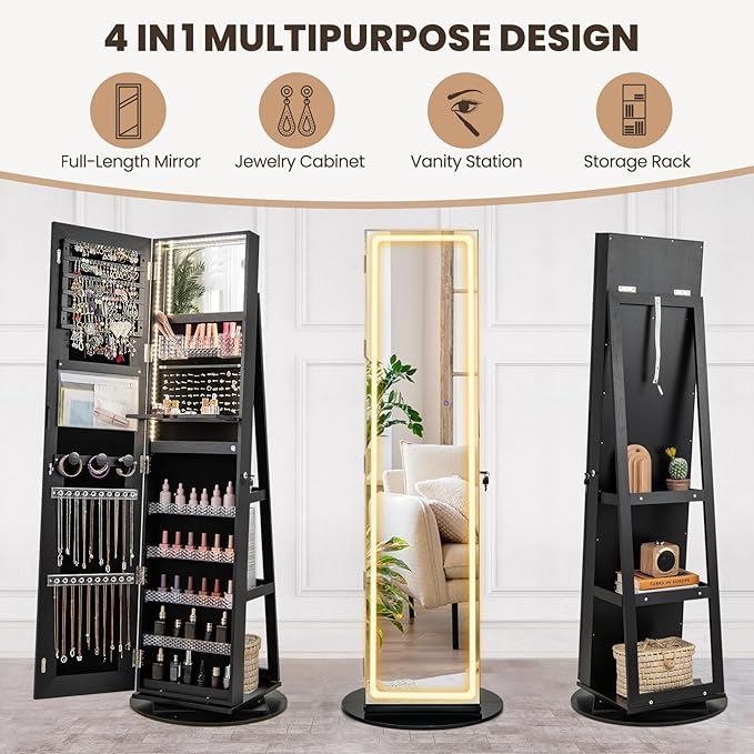 CHARMAID Swivel LED Mirror Jewelry Cabinet Armoire, Full Length Mirror with Storage, 3 Color & Adjustable Lights, Lockable Standing Jewelry Organizer with Lighted Mirror (Black)